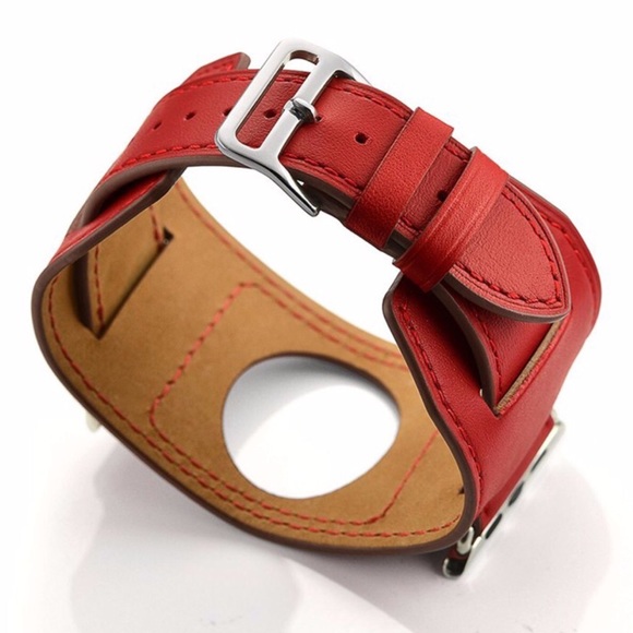 Vegan Leather Red Double Cuff Watchband for Apple - Picture 4 of 13